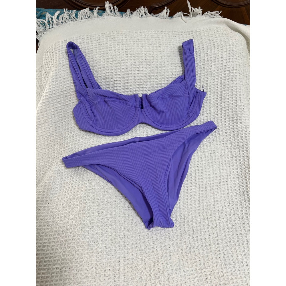 L*Space Two Piece Bikini Swimsuit Purple Ribbed Bra Top Beach Pool Med L Space - Picture 9 of 14